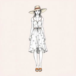 A detailed drawing of a summer wear outfit on a croquis