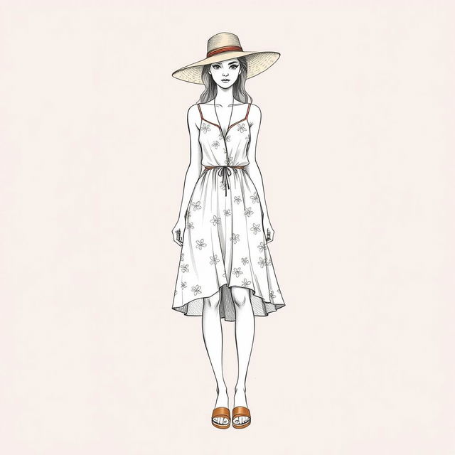 A detailed drawing of a summer wear outfit on a croquis