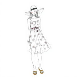 A detailed drawing of a summer wear outfit on a croquis