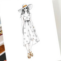 A detailed drawing of a summer wear outfit on a croquis