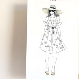 A detailed drawing of a summer wear outfit on a croquis