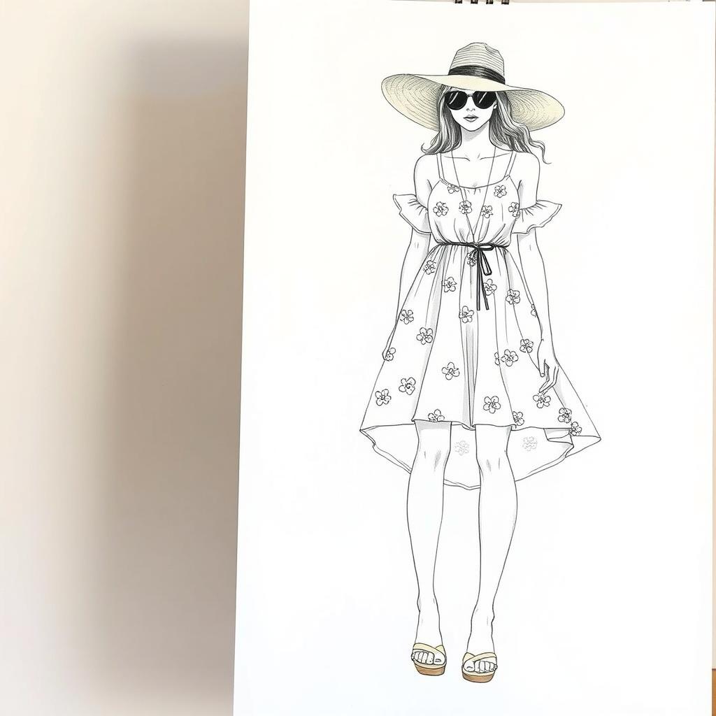 A detailed drawing of a summer wear outfit on a croquis
