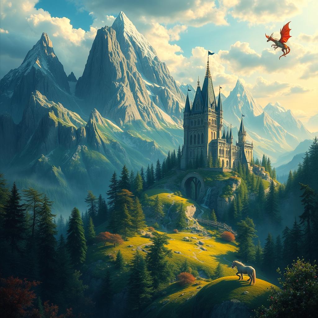 Create a stunning piece of fantasy art featuring a mystical landscape with towering mountains, enchanted forests, and a majestic castle