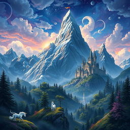 Create a stunning piece of fantasy art featuring a mystical landscape with towering mountains, enchanted forests, and a majestic castle