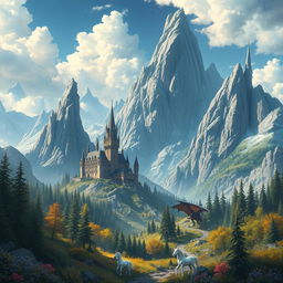 Create a stunning piece of fantasy art featuring a mystical landscape with towering mountains, enchanted forests, and a majestic castle