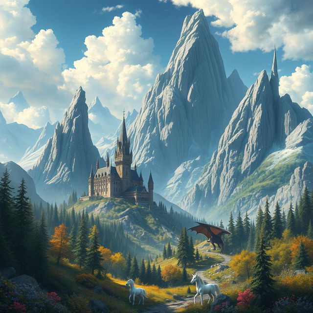 Create a stunning piece of fantasy art featuring a mystical landscape with towering mountains, enchanted forests, and a majestic castle