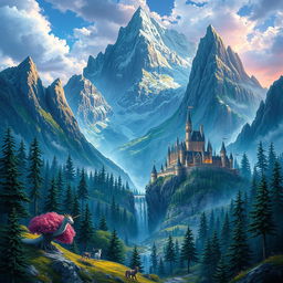 Create a stunning piece of fantasy art featuring a mystical landscape with towering mountains, enchanted forests, and a majestic castle