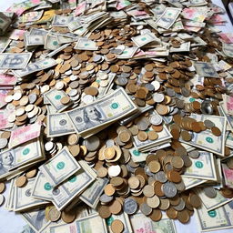 A large pile of money consisting of various currencies, including dollar bills, coins, and banknotes, scattered on a table