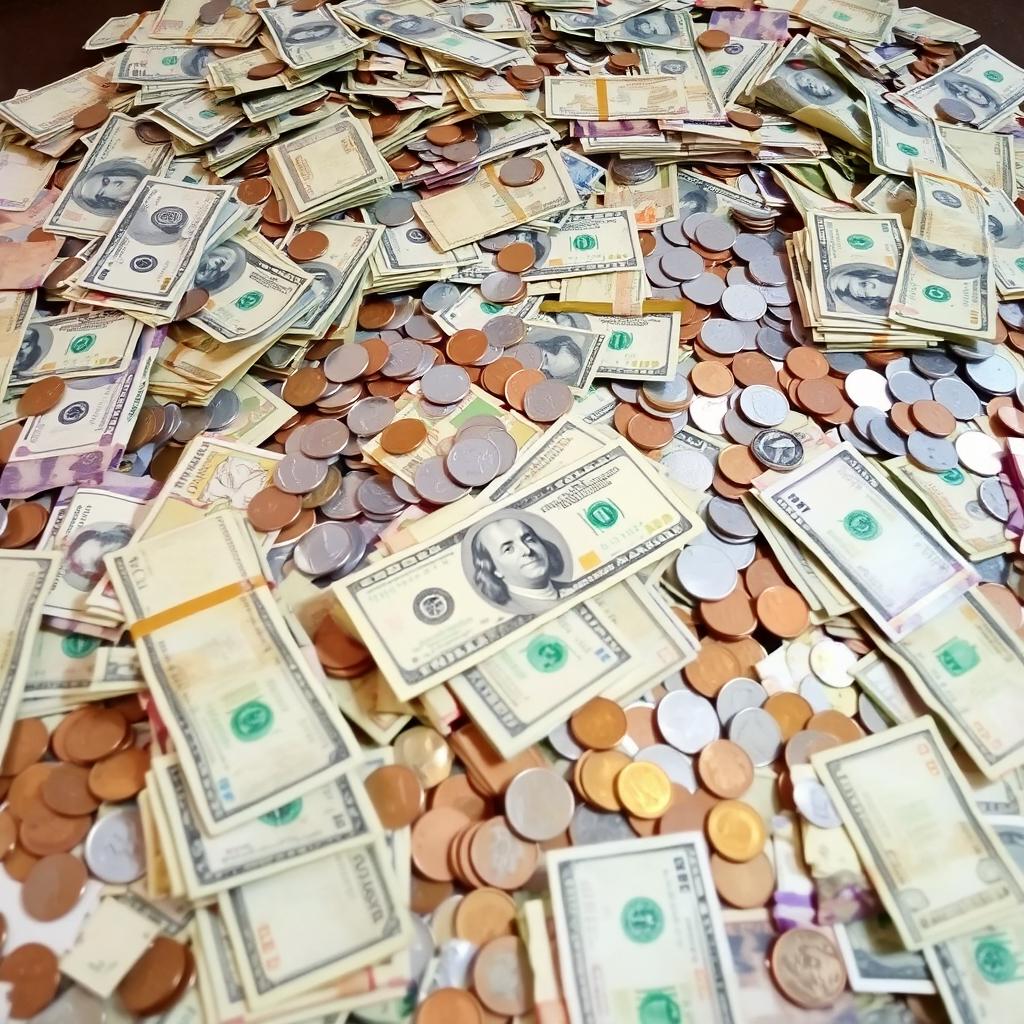 A large pile of money consisting of various currencies, including dollar bills, coins, and banknotes, scattered on a table