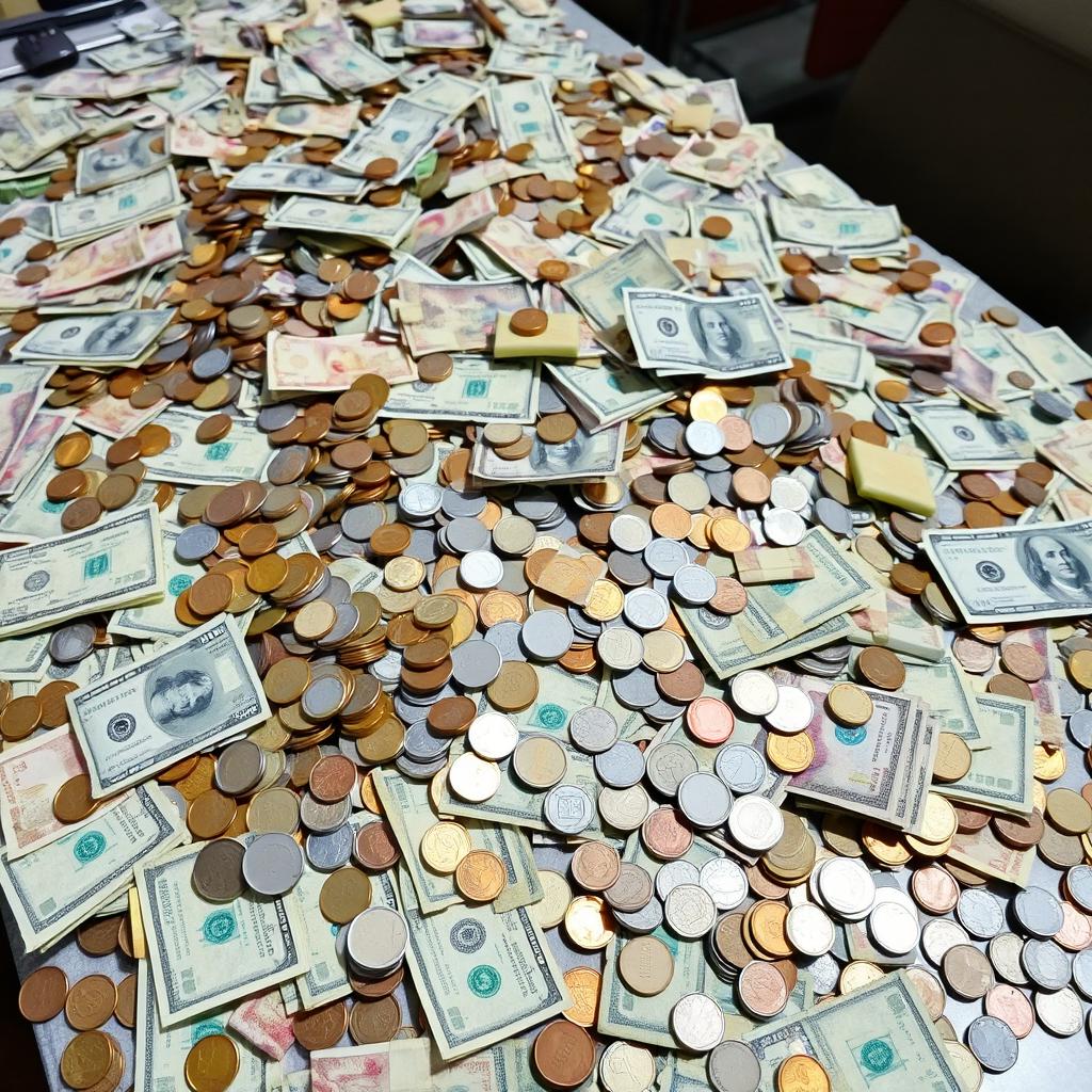 A large pile of money consisting of various currencies, including dollar bills, coins, and banknotes, scattered on a table