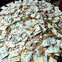 A large pile of money consisting of various currencies, including dollar bills, coins, and banknotes, scattered on a table