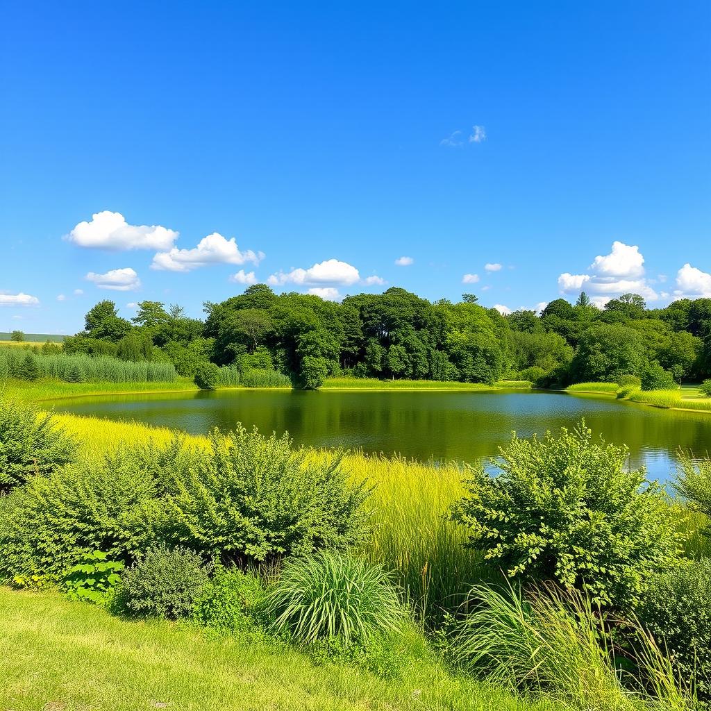 A beautiful landscape featuring a serene lake surrounded by lush greenery, with a clear blue sky and a few fluffy clouds