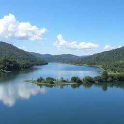 A beautiful landscape featuring a serene lake surrounded by lush greenery, with a clear blue sky and a few fluffy clouds