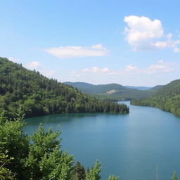 A beautiful landscape featuring a serene lake surrounded by lush greenery, with a clear blue sky and a few fluffy clouds