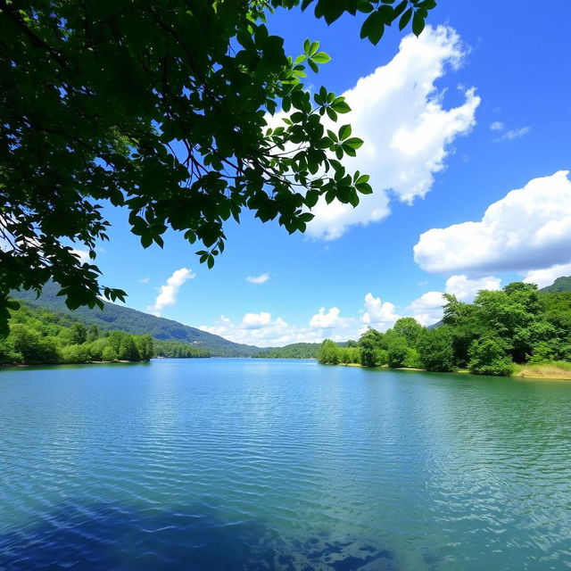 A beautiful landscape featuring a serene lake surrounded by lush greenery, with a clear blue sky and a few fluffy clouds