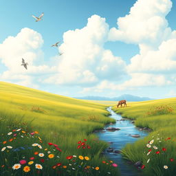 A serene landscape featuring a lush green meadow with colorful wildflowers, a clear blue sky with fluffy white clouds, and a gentle stream flowing through the scene