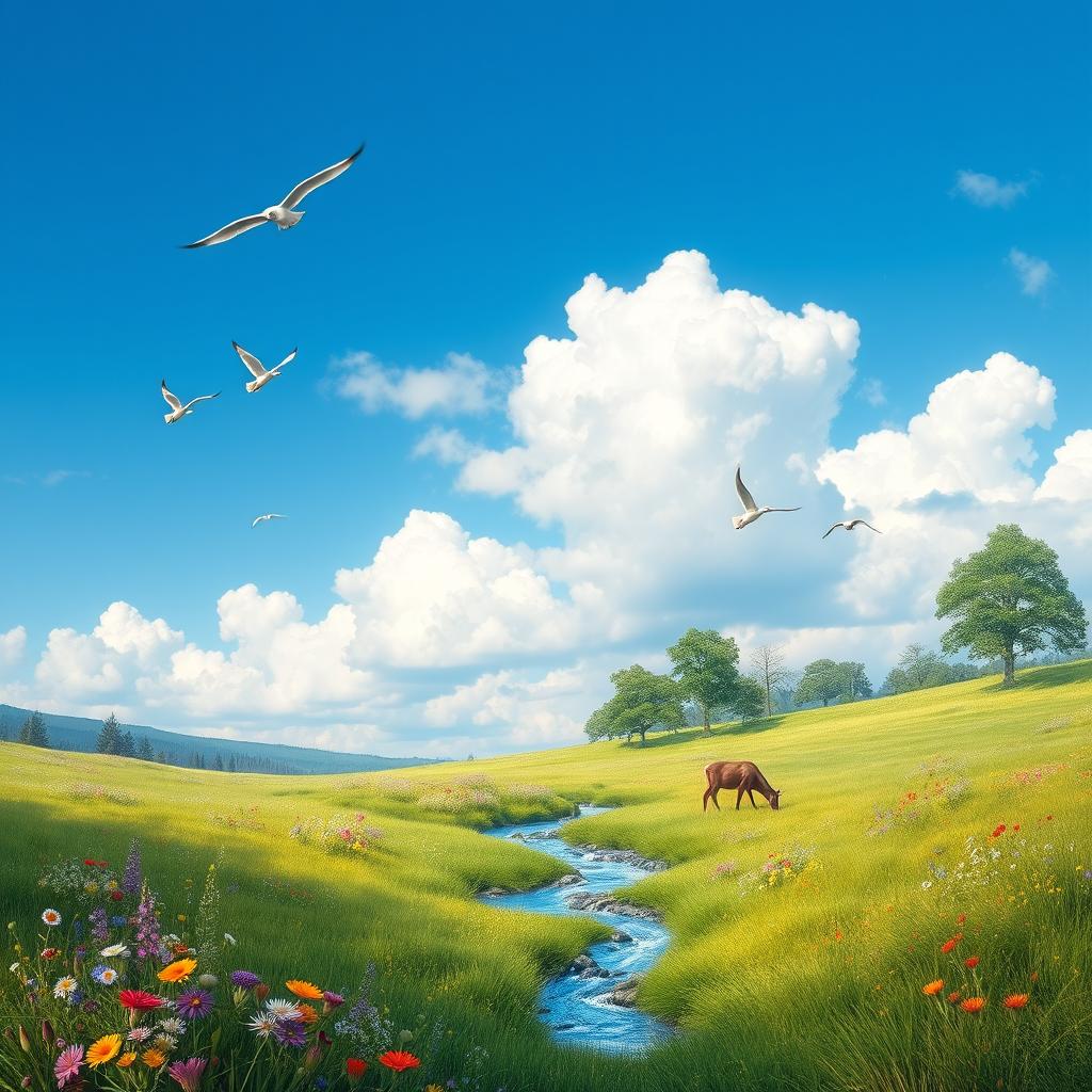 A serene landscape featuring a lush green meadow with colorful wildflowers, a clear blue sky with fluffy white clouds, and a gentle stream flowing through the scene