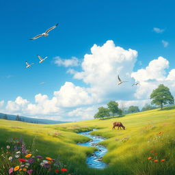 A serene landscape featuring a lush green meadow with colorful wildflowers, a clear blue sky with fluffy white clouds, and a gentle stream flowing through the scene