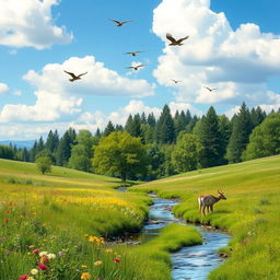 A serene landscape featuring a lush green meadow with colorful wildflowers, a clear blue sky with fluffy white clouds, and a gentle stream flowing through the scene