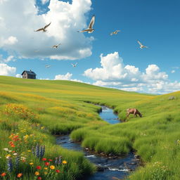 A serene landscape featuring a lush green meadow with colorful wildflowers, a clear blue sky with fluffy white clouds, and a gentle stream flowing through the scene