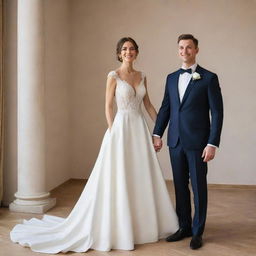 A 171 cm tall woman in an elegant wedding dress standing next to a 163 cm tall man in a refined wedding suit. They are radiating happiness and love on their special day.