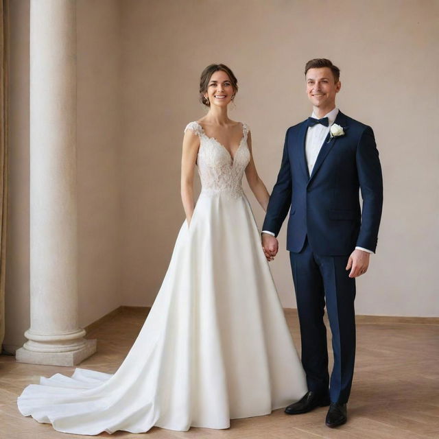 A 171 cm tall woman in an elegant wedding dress standing next to a 163 cm tall man in a refined wedding suit. They are radiating happiness and love on their special day.