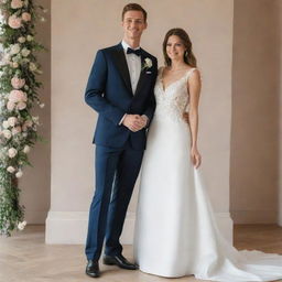 A 171 cm tall woman in an elegant wedding dress standing next to a 163 cm tall man in a refined wedding suit. They are radiating happiness and love on their special day.