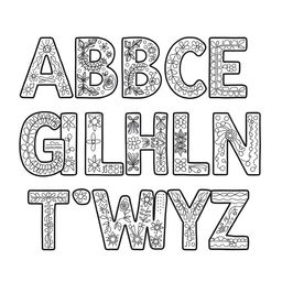 A coloring book page featuring the alphabet