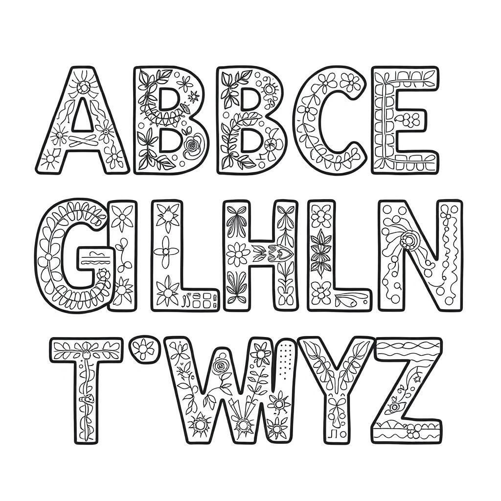 A coloring book page featuring the alphabet