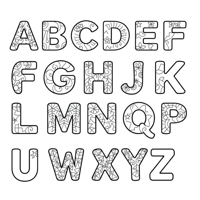 A coloring book page featuring the alphabet