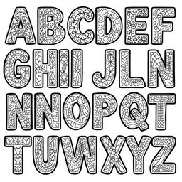 A coloring book page featuring the alphabet