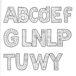 A coloring book page featuring the alphabet