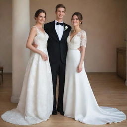 A 171 cm tall woman in an elegant wedding dress standing next to a 163 cm tall man in a refined wedding suit. They are radiating happiness and love on their special day.