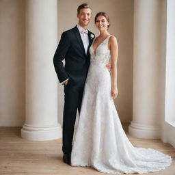 A 171 cm tall woman in an elegant wedding dress standing next to a 163 cm tall man in a refined wedding suit. They are radiating happiness and love on their special day.