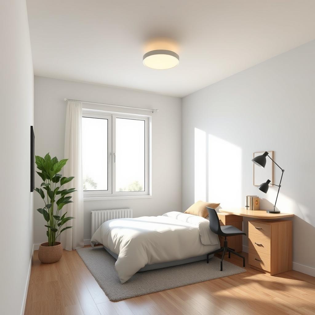 Diseña un cuarto acogedor con una cama cómoda, una mesa de estudio, una lámpara de pie y una ventana grande que deje entrar mucha luz natural