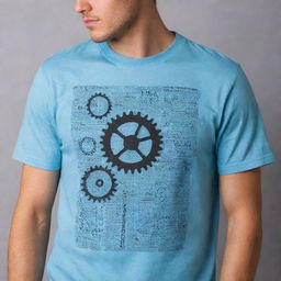 Design a unique and striking piece of clothing that embodies the theme of engineering. Incorporate elements such as gears, blueprints, and equations in a stylish and wearable way.