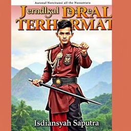 A valiant and handsome young man in traditional silat attire, adorned with elements of a general's honor such as medals or badges