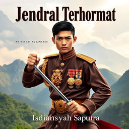 A valiant and handsome young man in traditional silat attire, adorned with elements of a general's honor such as medals or badges