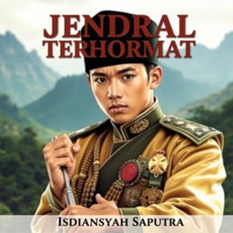 A valiant and handsome young man in traditional silat attire, adorned with elements of a general's honor such as medals or badges