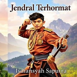 A valiant and handsome young man in traditional silat attire, adorned with elements of a general's honor such as medals or badges