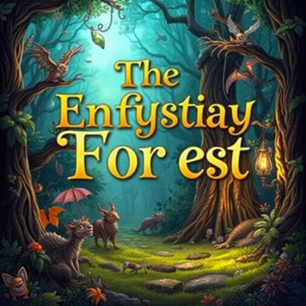 Create a captivating book cover featuring an enchanting forest with mystical creatures