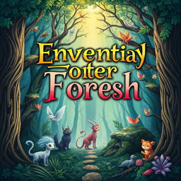 Create a captivating book cover featuring an enchanting forest with mystical creatures