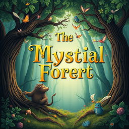 Create a captivating book cover featuring an enchanting forest with mystical creatures