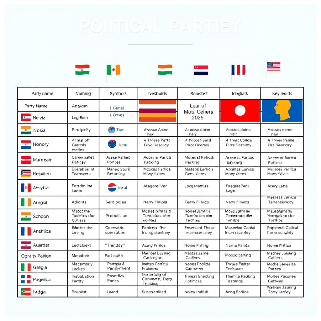 A detailed illustration of a table displaying information about various political parties