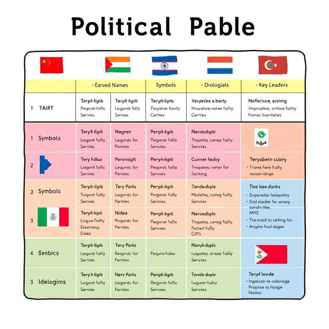 A detailed illustration of a table displaying information about various political parties