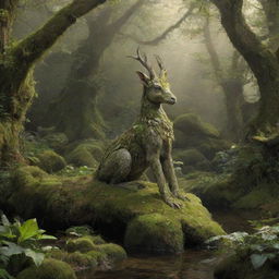 The previous enchanting nature scene, now with the mystical creature 'symael' gracefully situated in the environment, blending in harmoniously.