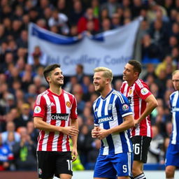 A humorous scene where Sheffield United players are laughing at Sheffield Wednesday players