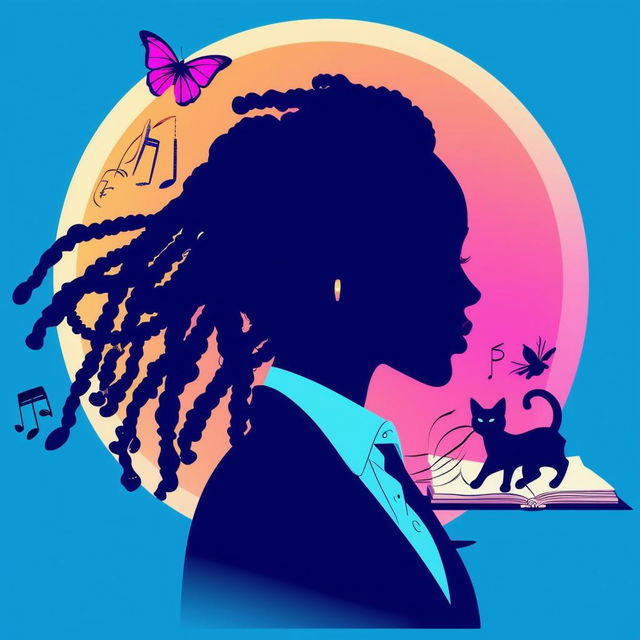 Elegant logo for 'Chyna Sun Publishing' featuring a silhouette of a woman in a business suit with short dreadlocks, music notes, butterflies, two cat silhouettes, and a book