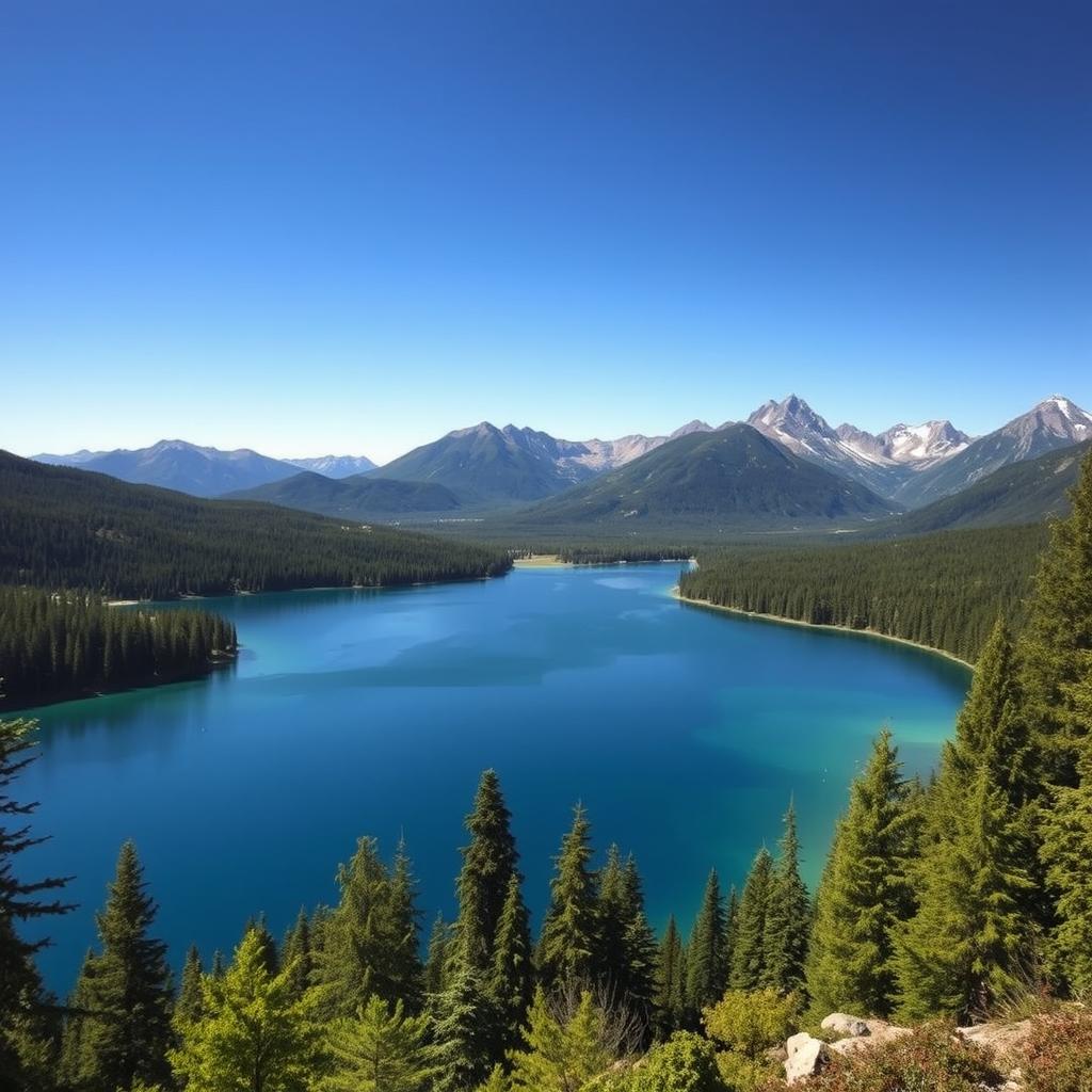 A beautiful landscape featuring a serene lake surrounded by lush green forests and majestic mountains in the background under a clear blue sky