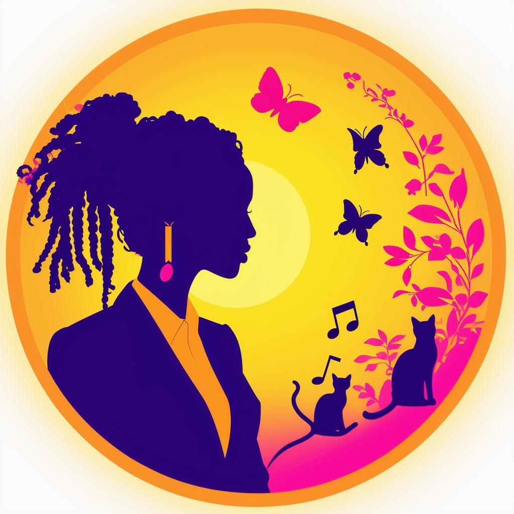 Elegant logo for 'Chyna Sun Publishing' featuring a silhouette of a woman in a business suit with short dreadlocks, music notes, butterflies, two cat silhouettes, and a book